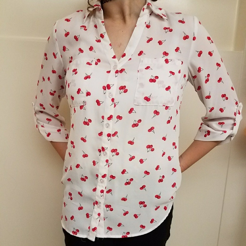 Cherry Print Sheer Button Up Shirt